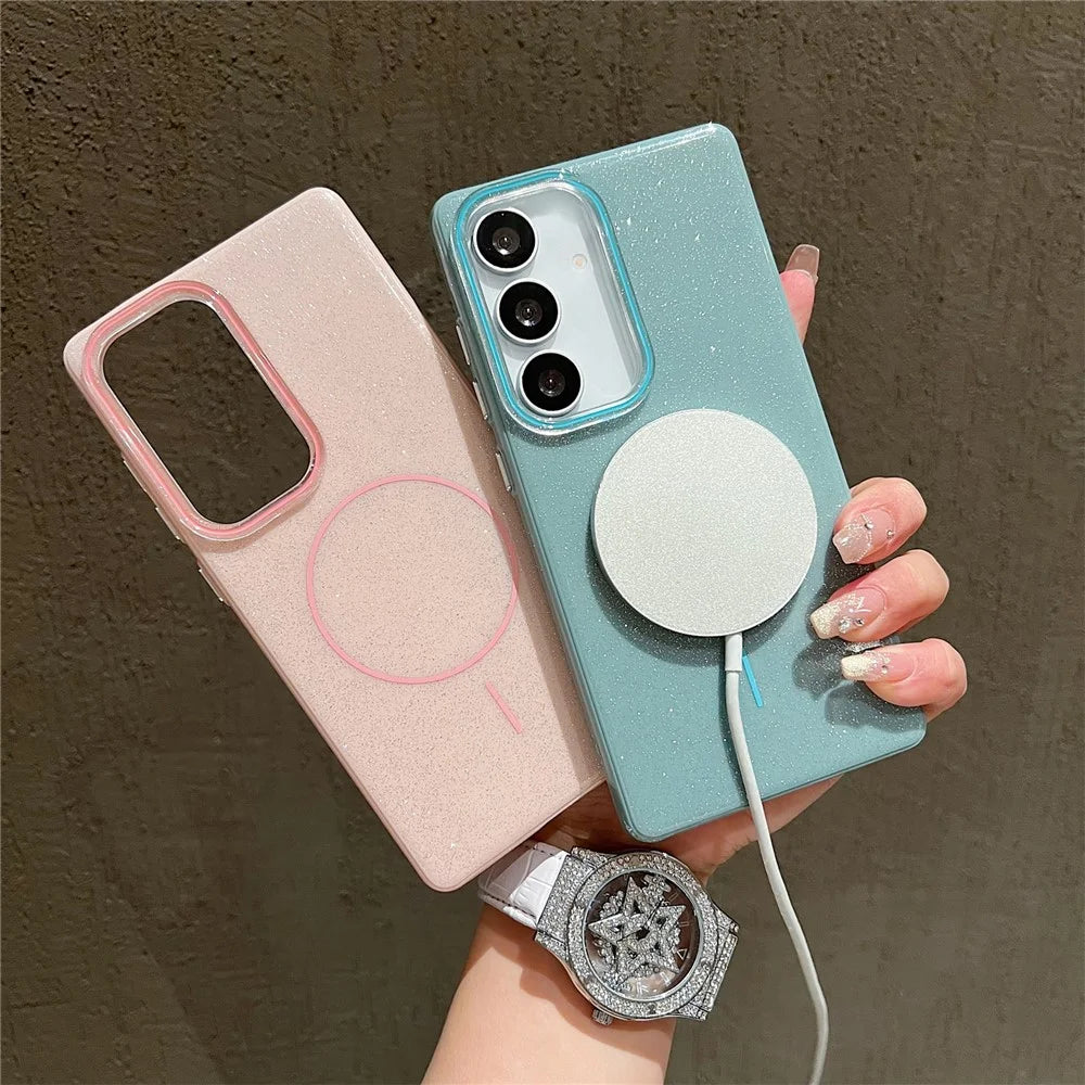 For Samsung Galaxy S24 FE Magnetic Case Glitter Design IMD TPU + PC Phone Back Cover - Green - 3