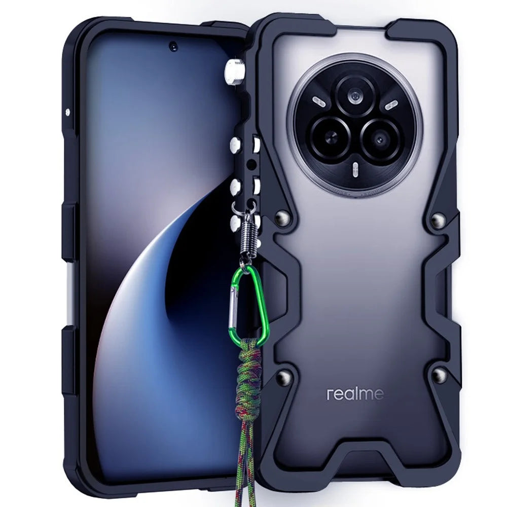 For Realme 14 Pro 5G Bumper Case Aluminium Alloy Metal Phone Shell Cover with Strap - Black - 1