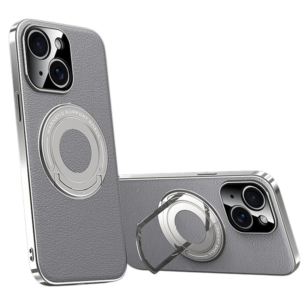 For iPhone 14 Case Compatible with MagSafe Leather TPU Back Cover with Hidden Kickstand - Grey - 1