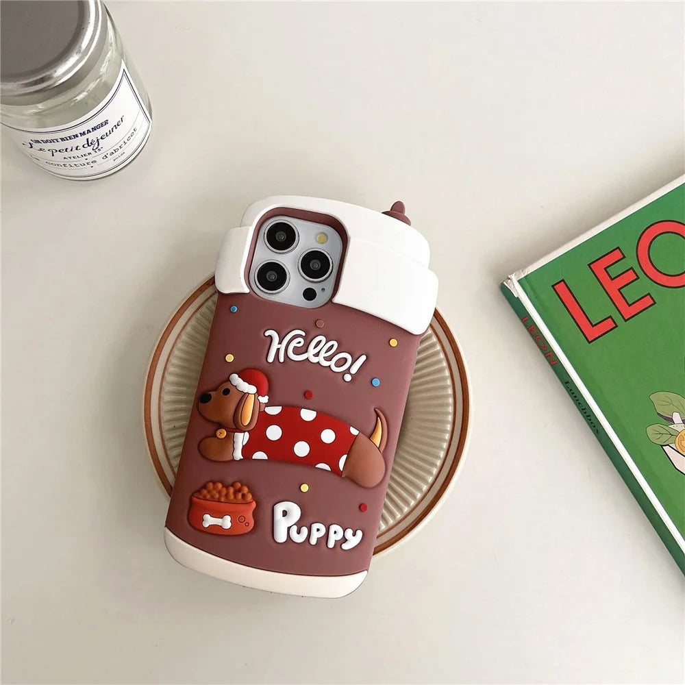 For iPhone 16 Pro Max Silicone Case Cute Dachshund Coffee Cup Design Shockproof Phone Back Cover - 2