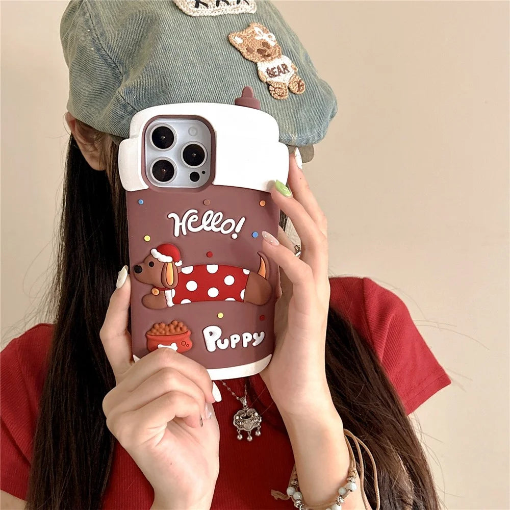 For iPhone 16 Pro Max Silicone Case Cute Dachshund Coffee Cup Design Shockproof Phone Back Cover - 3