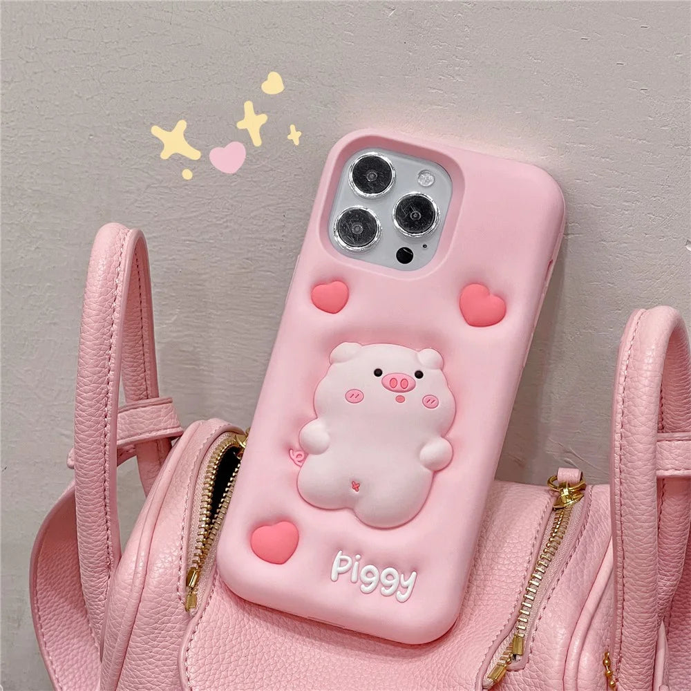 For iPhone 16 Pro Max Silicone Case Cute Expanding Pig Design Shockproof Phone Back Cover - 3