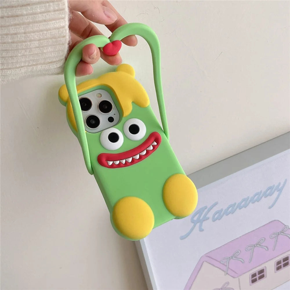 For iPhone 16 Pro Max Silicone Case Cute Heart Monster Design Shockproof Phone Back Cover - Green - 3