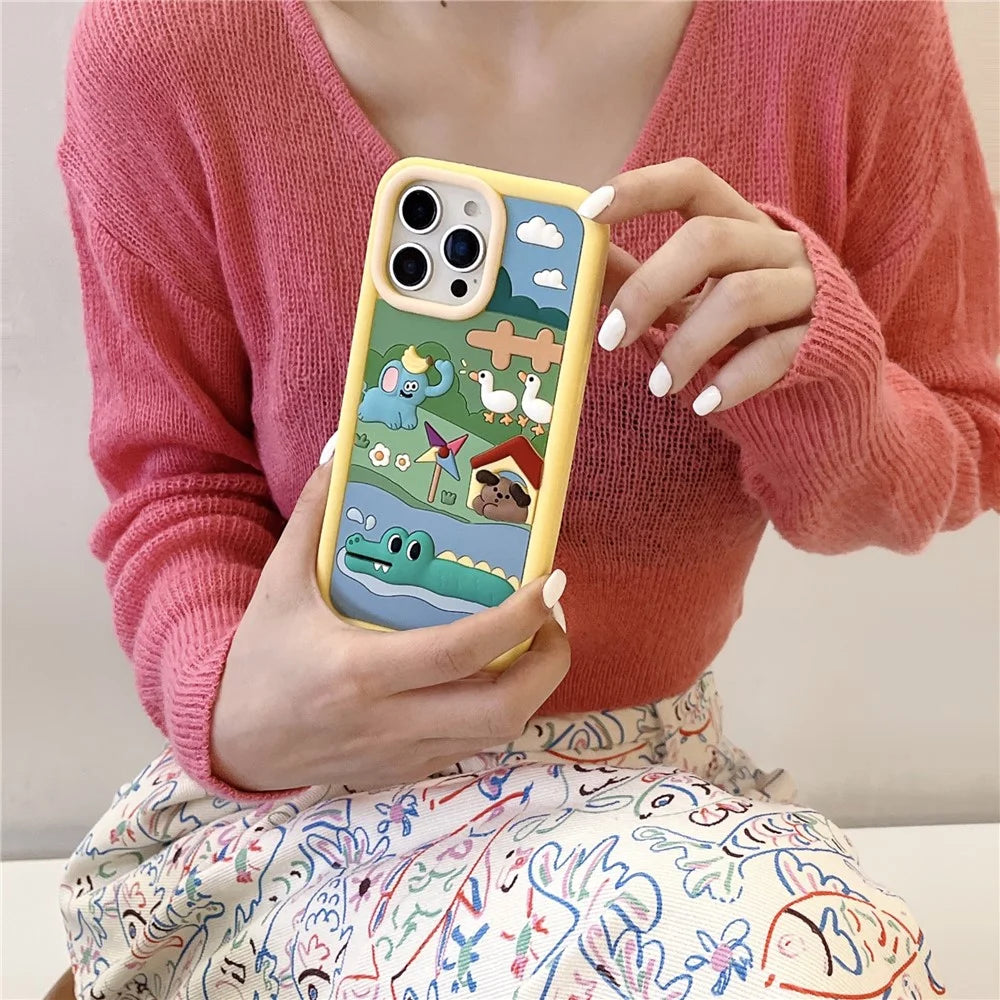 For iPhone 16 Pro Max Silicone Case Cute Animal Farm Design Shockproof Phone Back Cover - 2