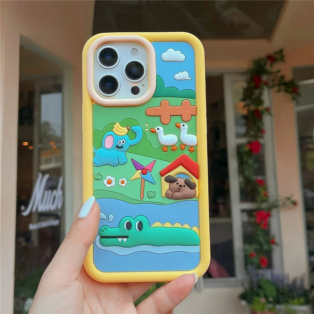 For iPhone 16 Pro Max Silicone Case Cute Animal Farm Design Shockproof Phone Back Cover - 4