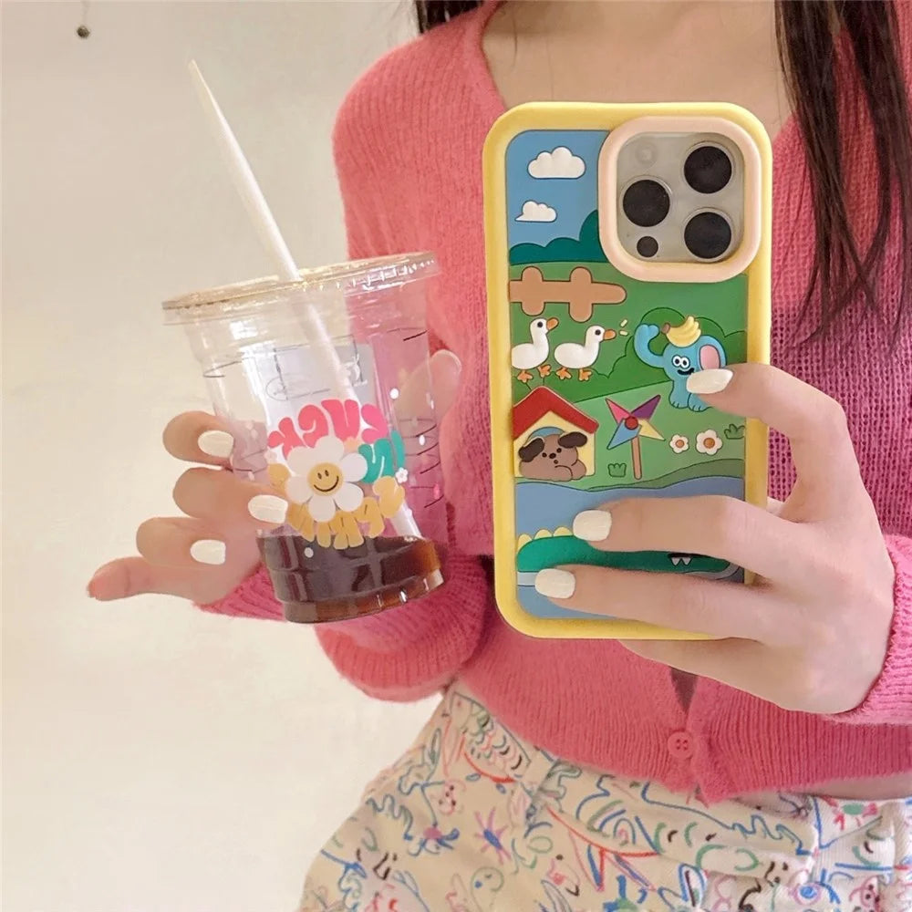 For iPhone 16 Pro Max Silicone Case Cute Animal Farm Design Shockproof Phone Back Cover - 5