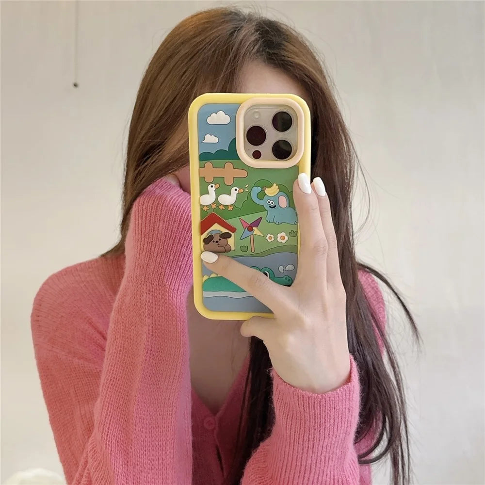 For iPhone 16 Pro Max Silicone Case Cute Animal Farm Design Shockproof Phone Back Cover - 6