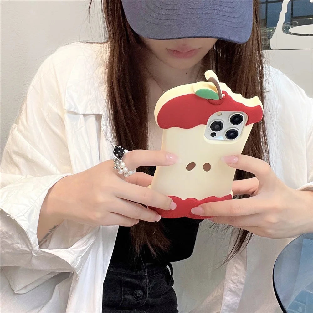 For iPhone 16 Pro Max Silicone Case Cute Eaten Apple Design Shockproof Phone Back Cover - 3