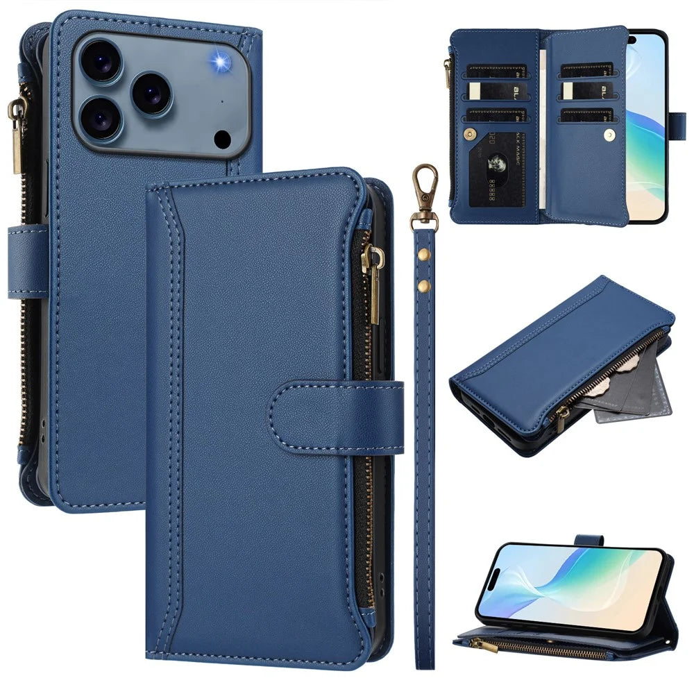 For iPhone 18 Pro Max / 17 Pro Max Leather Case 9 Card Slots Zipper Wallet Stand Phone Cover with Wrist Strap - Dark Blue - 1