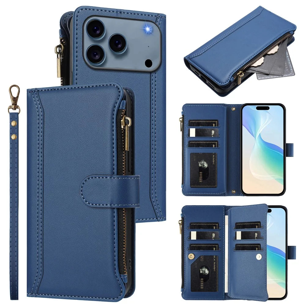 For iPhone 18 Pro Max / 17 Pro Max Leather Case 9 Card Slots Zipper Wallet Stand Phone Cover with Wrist Strap - Dark Blue - 2