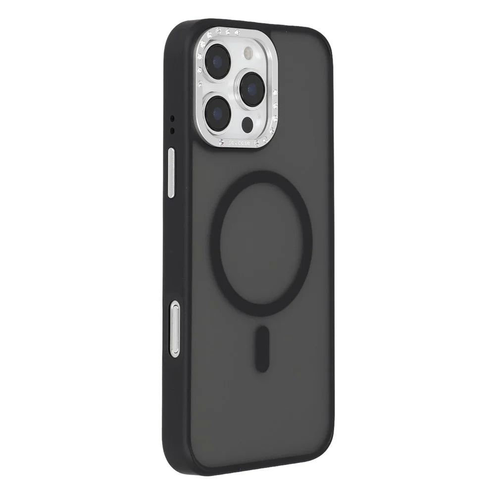 JAUCASE For iPhone 16 Pro Max Magnetic Case Rhinestone Decor Lens Frame TPU + PC Phone Back Cover - Black - 1