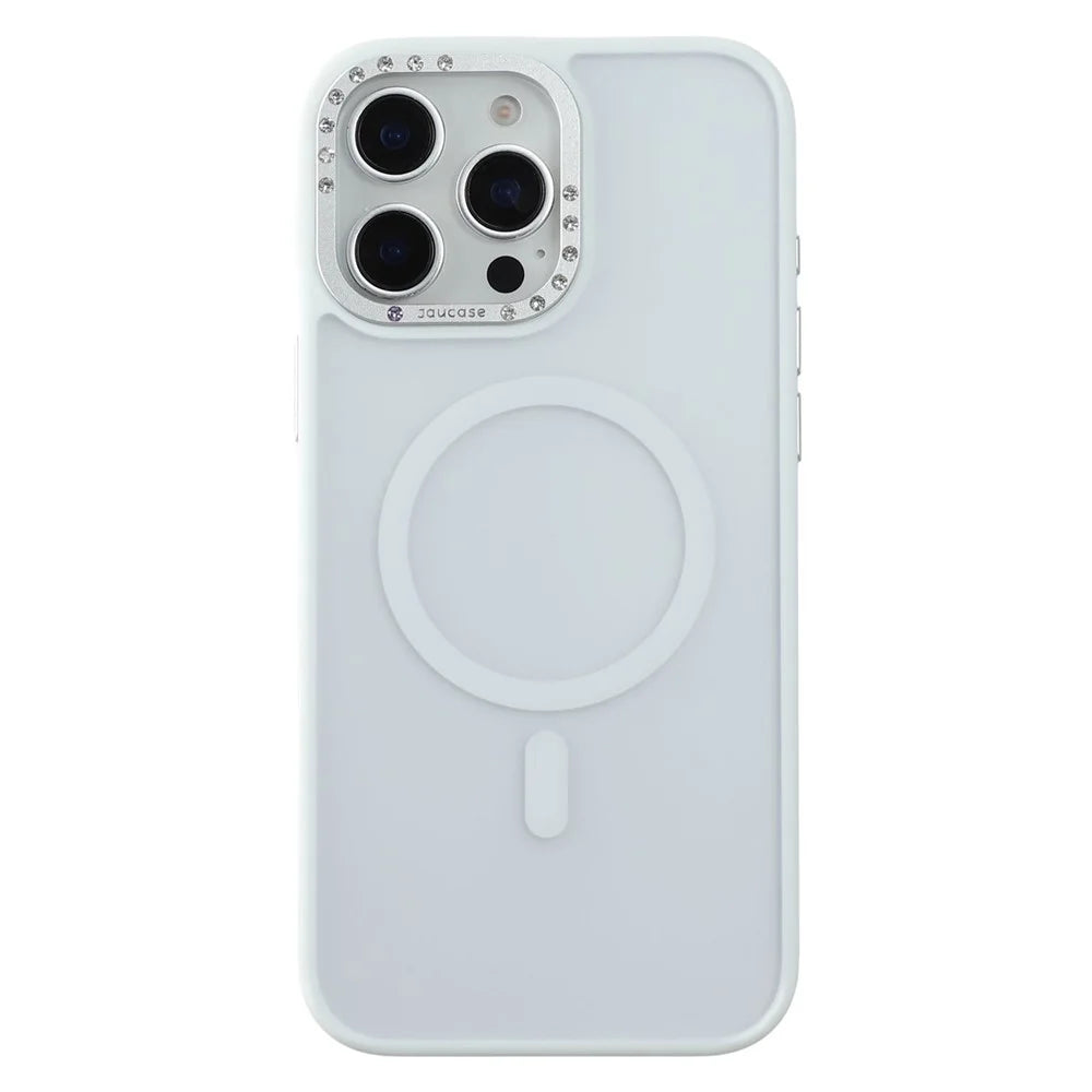 JAUCASE For iPhone 14 Pro Magnetic Case Rhinestone Decor Lens Frame TPU + PC Phone Back Cover - White - 1