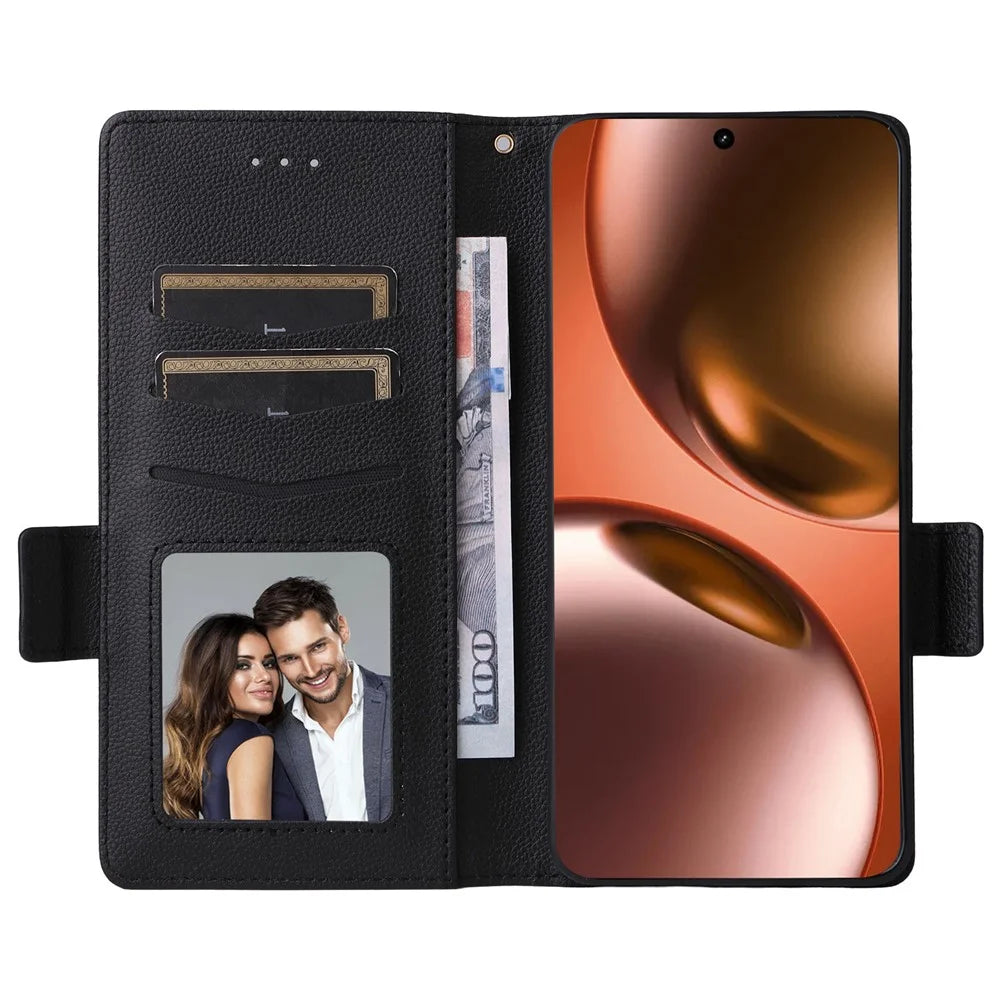 For Realme GT 7 5G Case with Wrist Strap Litchi Texture PU Leather Wallet Phone Cover - Black - 2
