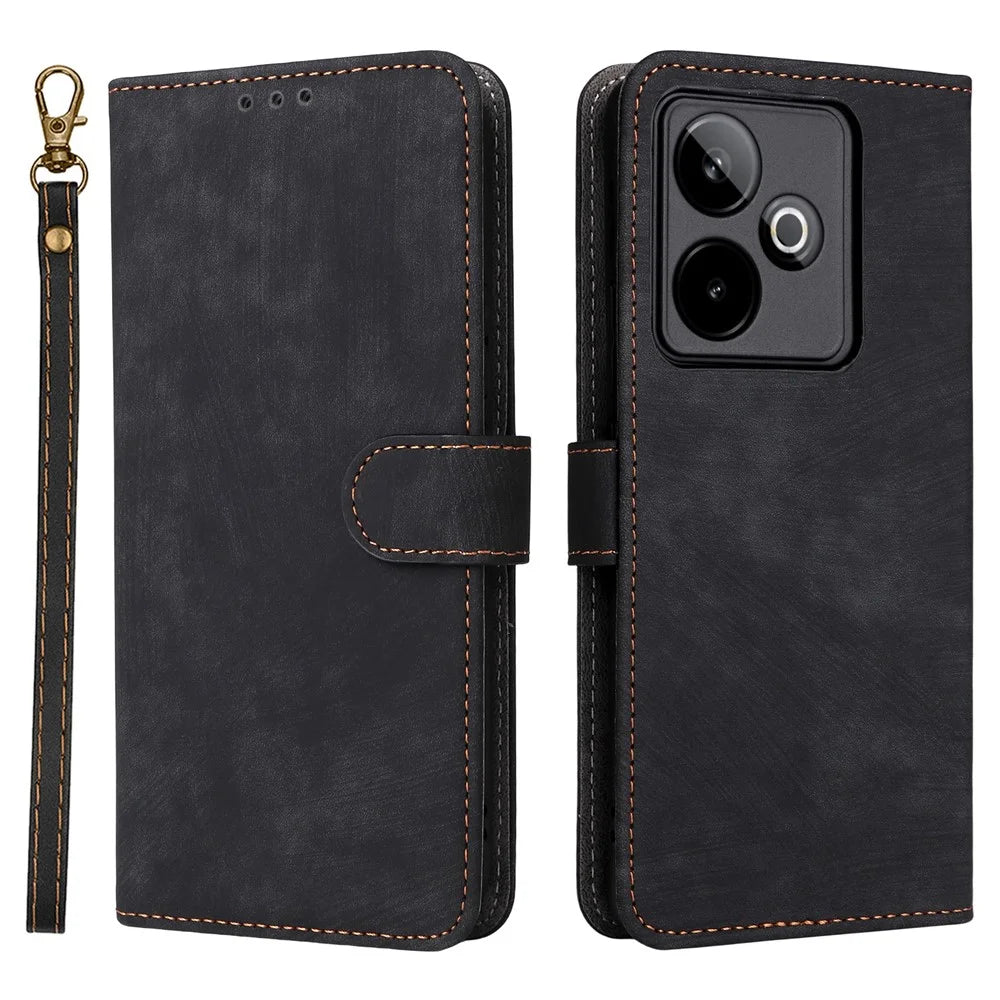 For Realme GT 7 5G Case Wallet RFID Blocking PU Leather Phone Cover Stand with Strap - Black - 1