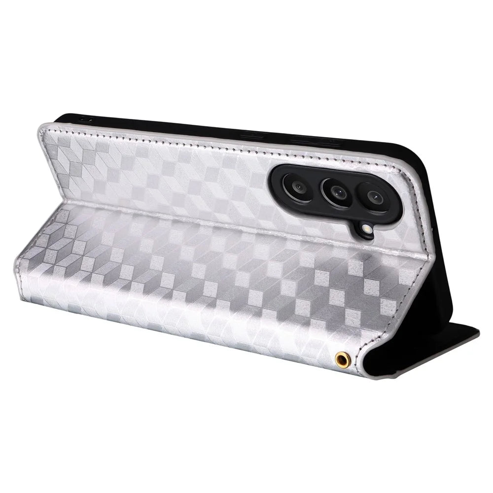 For Samsung Galaxy F56 5G / M56 5G Case Wallet Rhombus Imprinted Leather Phone Cover - Silver - 5