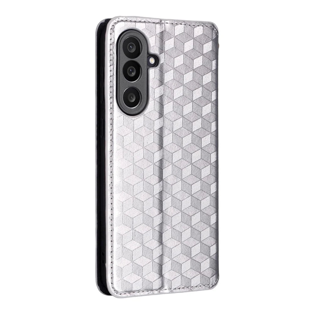 For Samsung Galaxy F56 5G / M56 5G Case Wallet Rhombus Imprinted Leather Phone Cover - Silver - 7