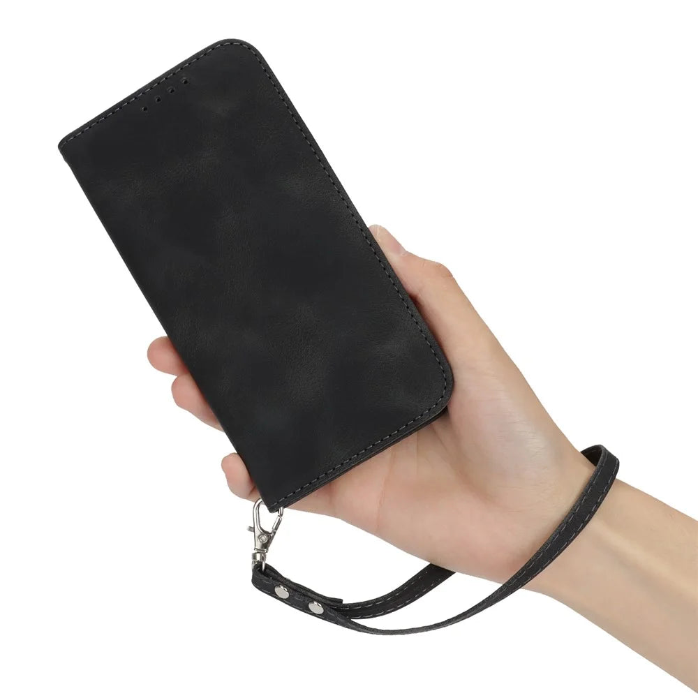 For iPhone 15 Stand Case Magnetic Closure Skin Touch Leather Flip Phone Cover with Wallet - Black - 7
