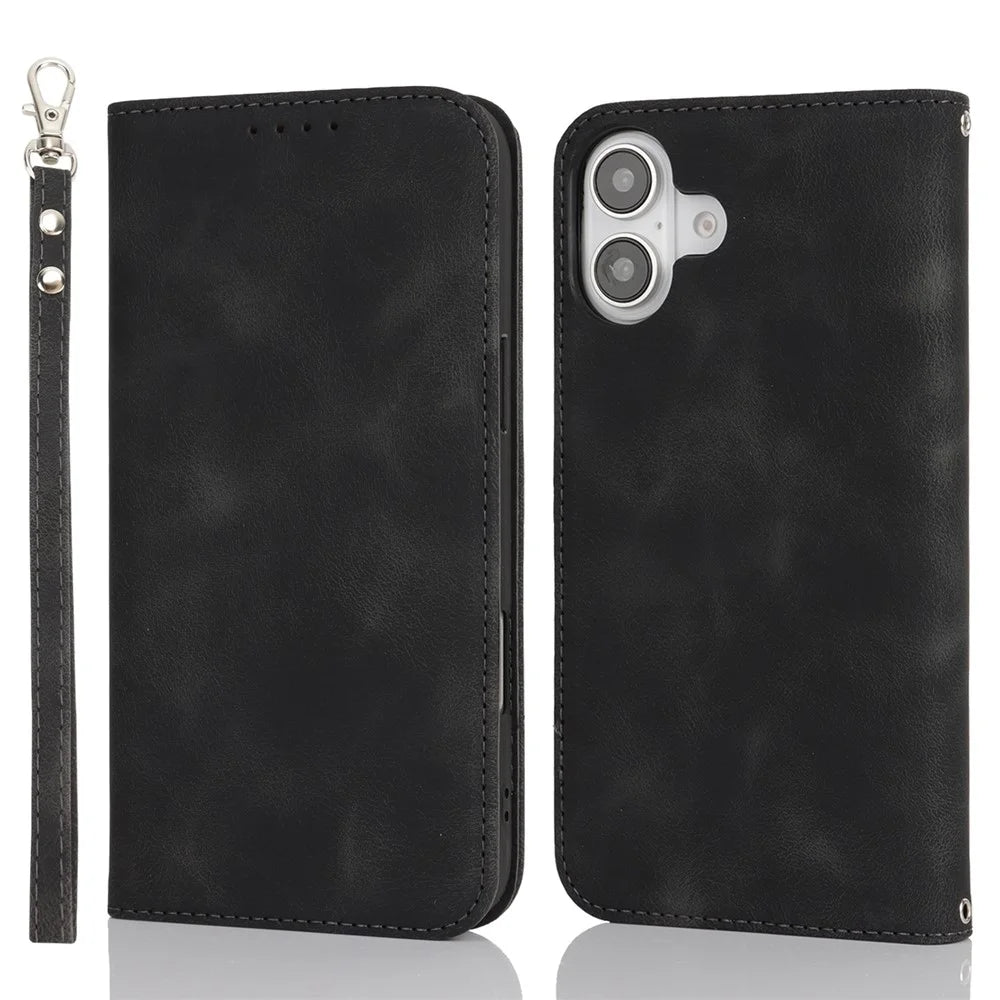 For iPhone 16 Stand Case Magnetic Closure Skin Touch Leather Flip Phone Cover with Wallet - Black - 1