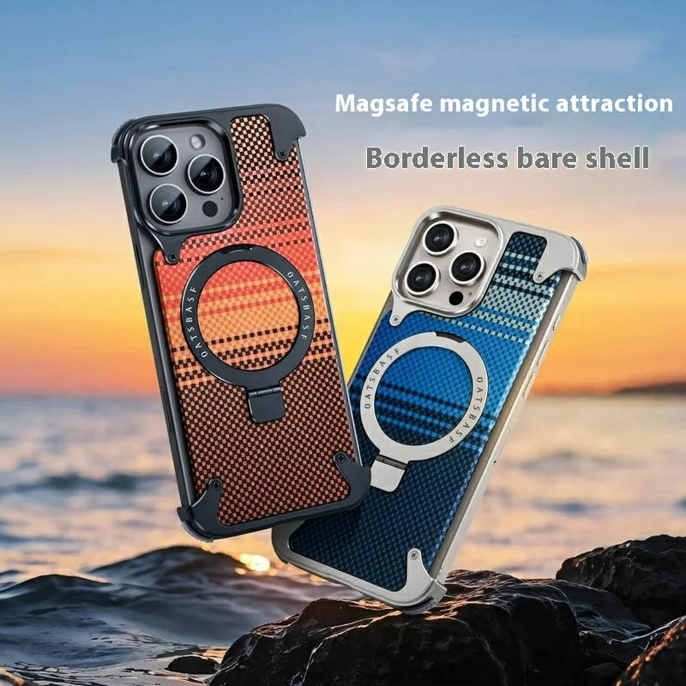For iPhone 16 Pro Max Magnetic Case Aramid Fiber Borderless Phone Cover with Rotatable Kickstand - Black - 2