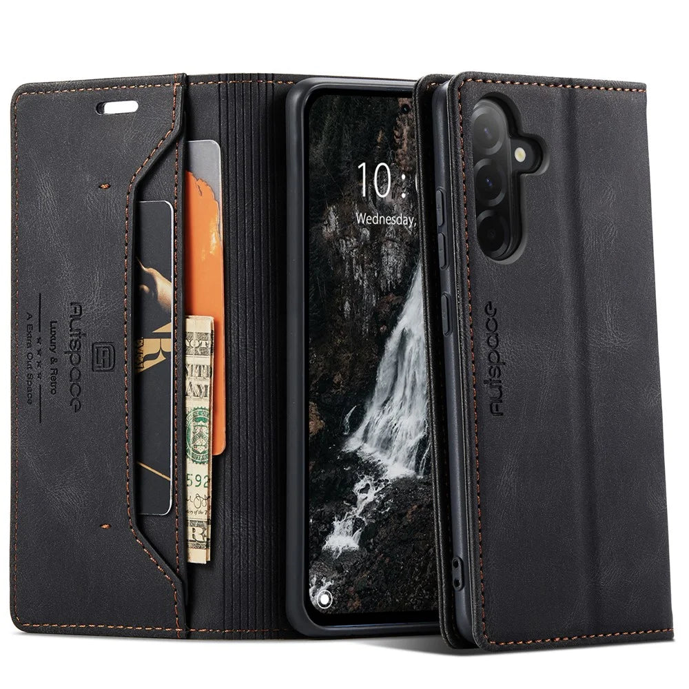 AUTSPACE For Samsung Galaxy A36 5G Wallet Case  A01 Leather Stand Cover with RFID Blocking Card Holder - Black - 1