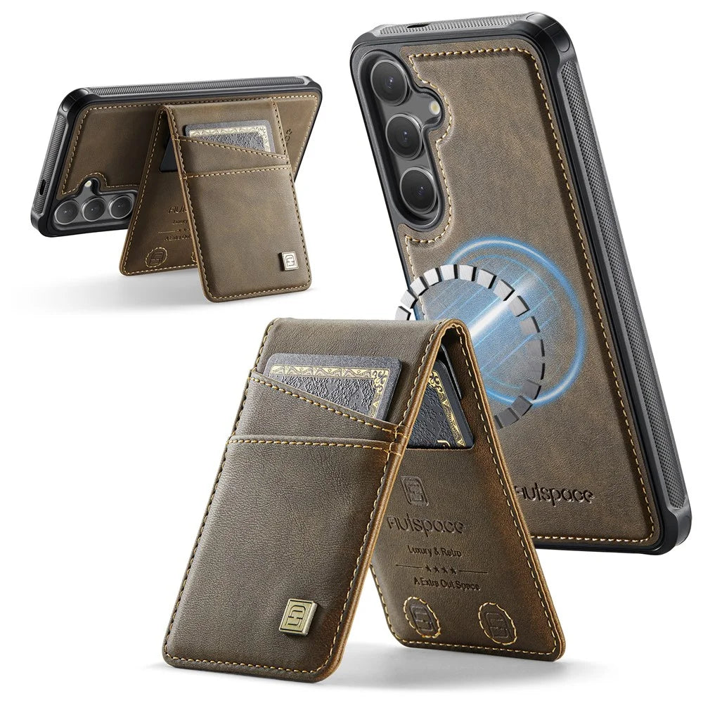 AUTSPACE For Samsung Galaxy S25+ / Galaxy S24+ Case  A12 Leather Back Cover with Magnetic Detachable Card Bag Kickstand - Coffee - 1