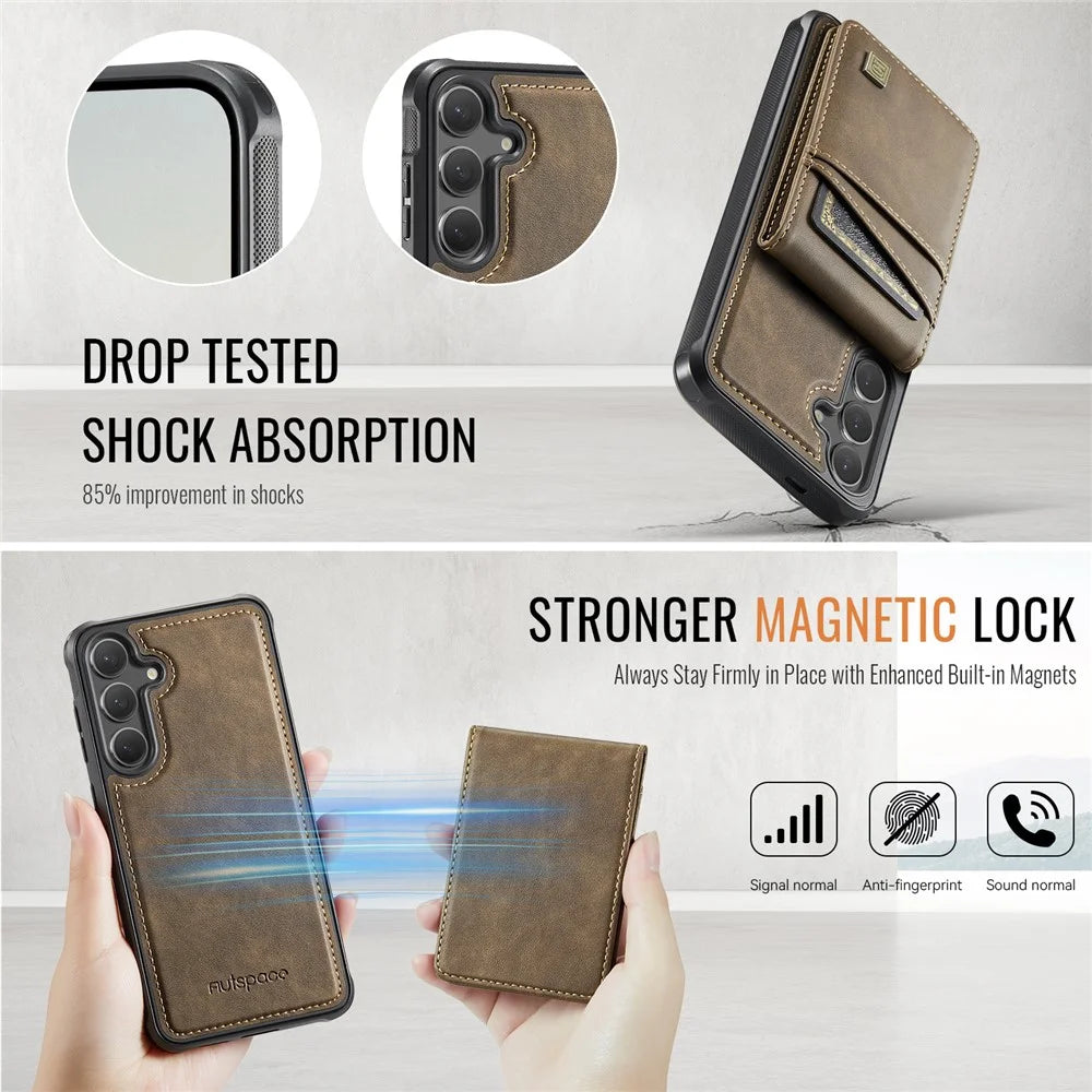AUTSPACE For Samsung Galaxy S25+ / Galaxy S24+ Case  A12 Leather Back Cover with Magnetic Detachable Card Bag Kickstand - Coffee - 6