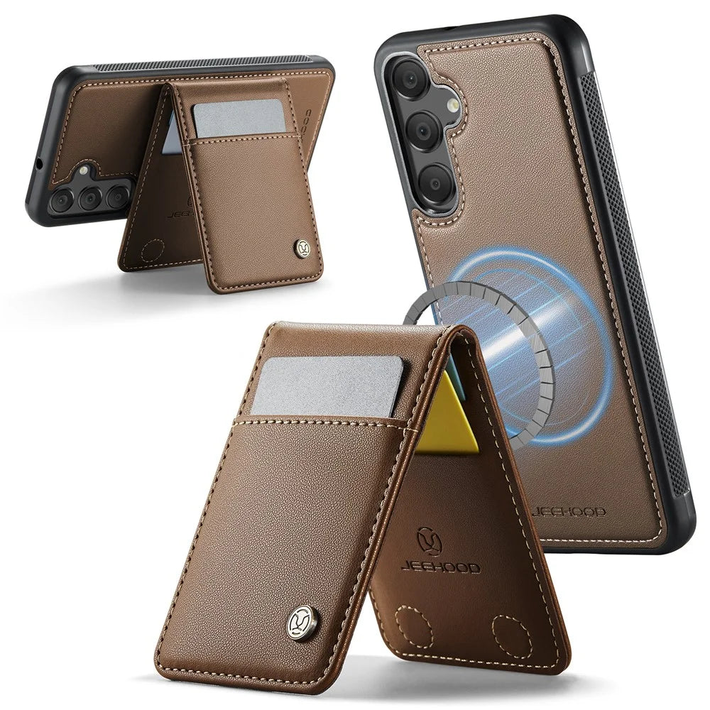 JEEHOOD For Samsung Galaxy A25 5G (Global) (161mm) Leather Back Cover Magnetic Case  J06 Phone Case with Card Bag RFID Blocking - Brown - 2