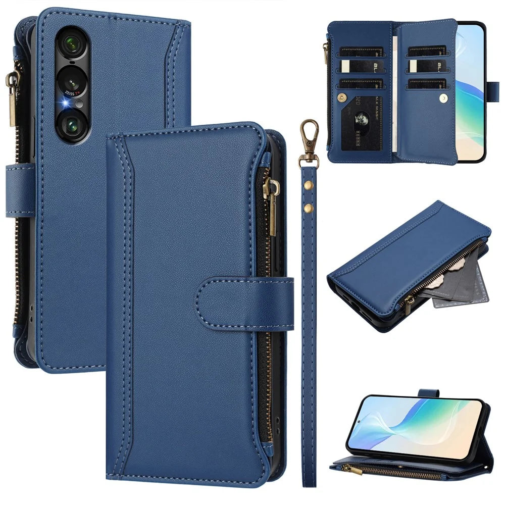 For Sony Xperia 1 VII Leather Case 9 Card Slots Zipper Wallet Stand Phone Cover with Wrist Strap - Dark Blue - 1
