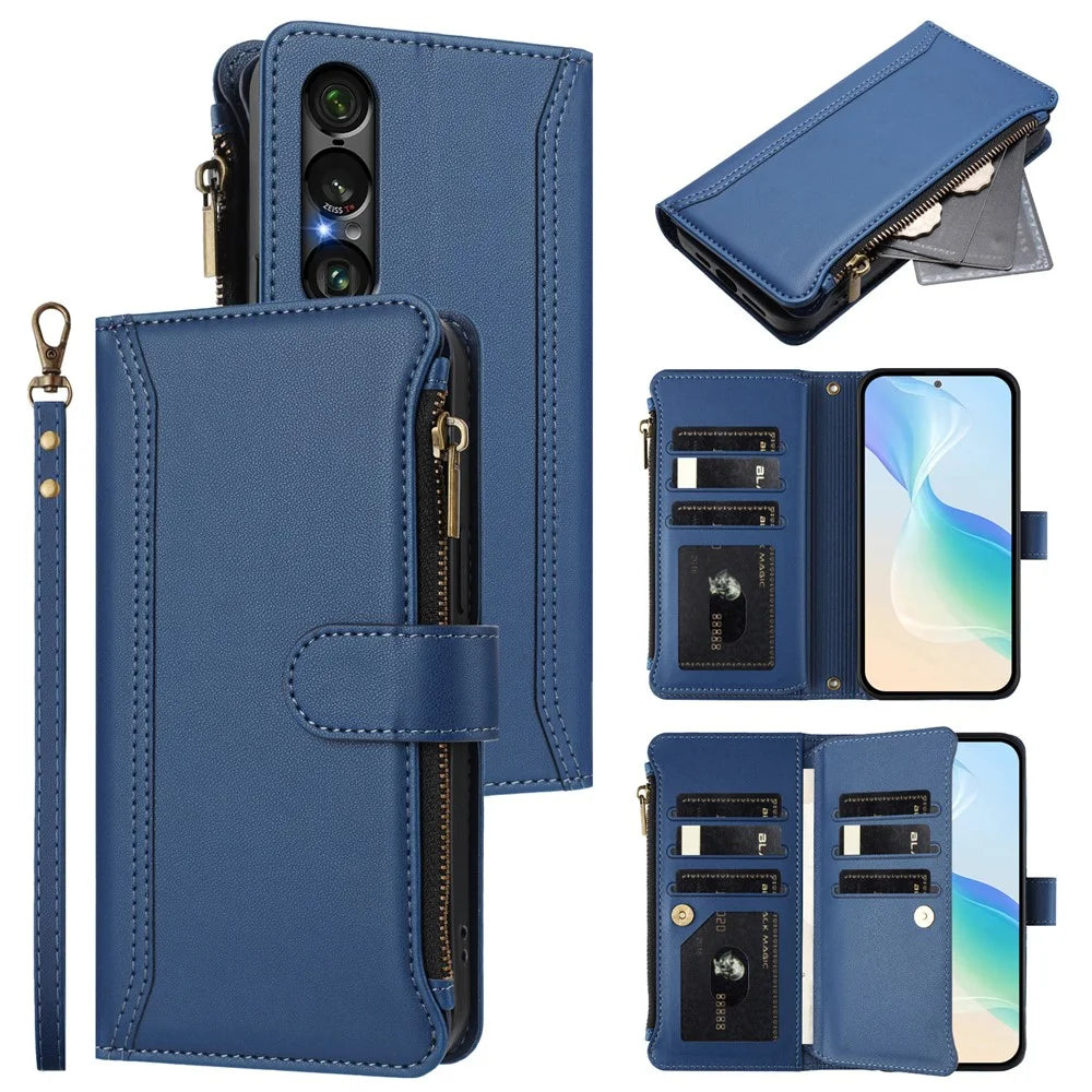 For Sony Xperia 1 VII Leather Case 9 Card Slots Zipper Wallet Stand Phone Cover with Wrist Strap - Dark Blue - 2