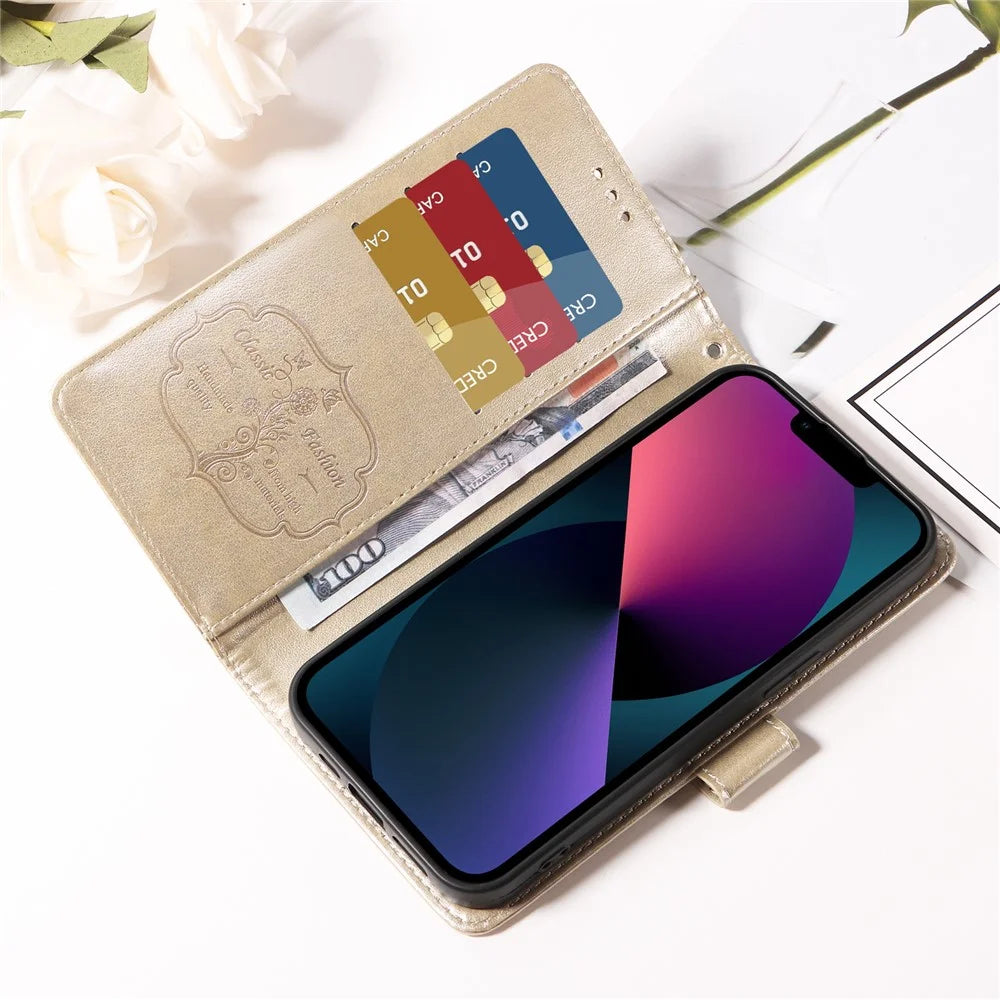 For iPhone 18 Pro / 17 Pro Leather Case Butterfly Floral Imprint Wallet Stand Cover - Golden - 7