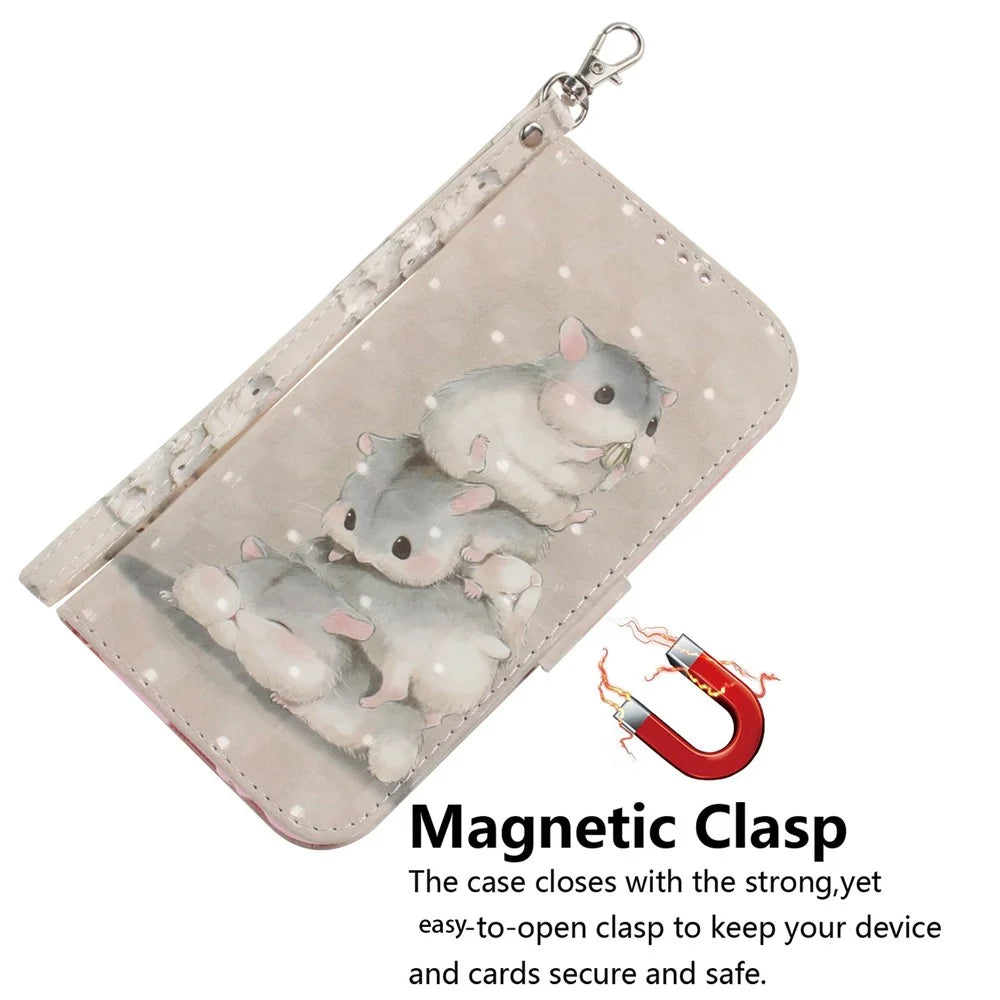 For Samsung Galaxy A14 5G / A14 4G Cover 3D Pattern PU Leather Stand Case with Strap - Stacking Squirrels - 4