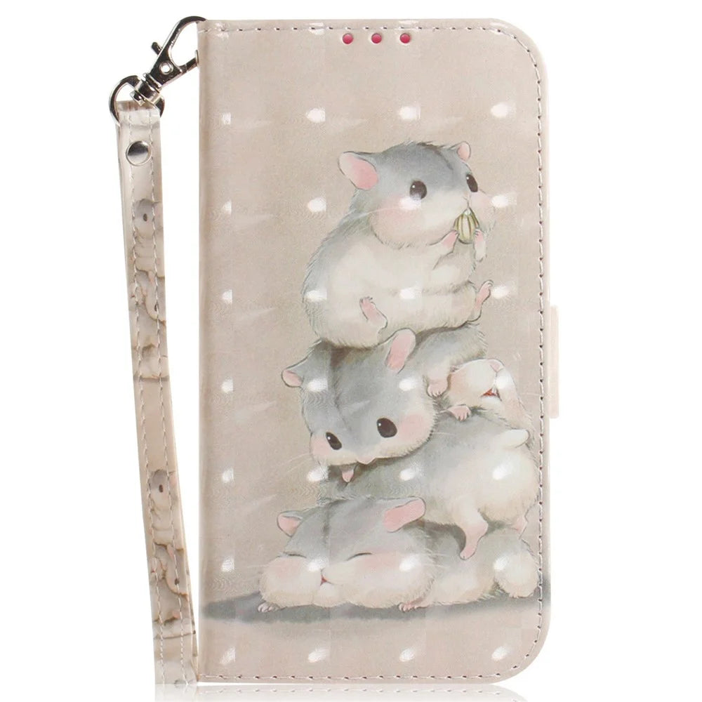 For Samsung Galaxy A14 5G / A14 4G Cover 3D Pattern PU Leather Stand Case with Strap - Stacking Squirrels - 6