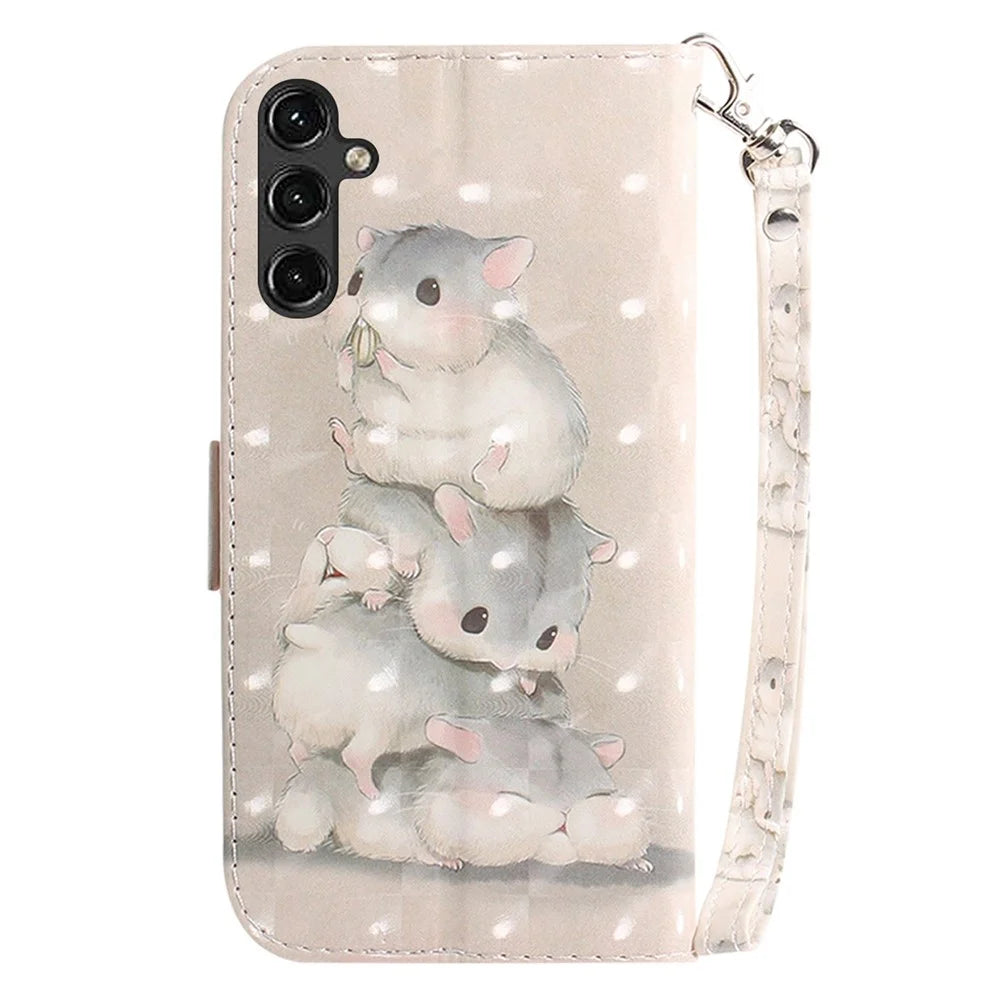 For Samsung Galaxy A14 5G / A14 4G Cover 3D Pattern PU Leather Stand Case with Strap - Stacking Squirrels - 7