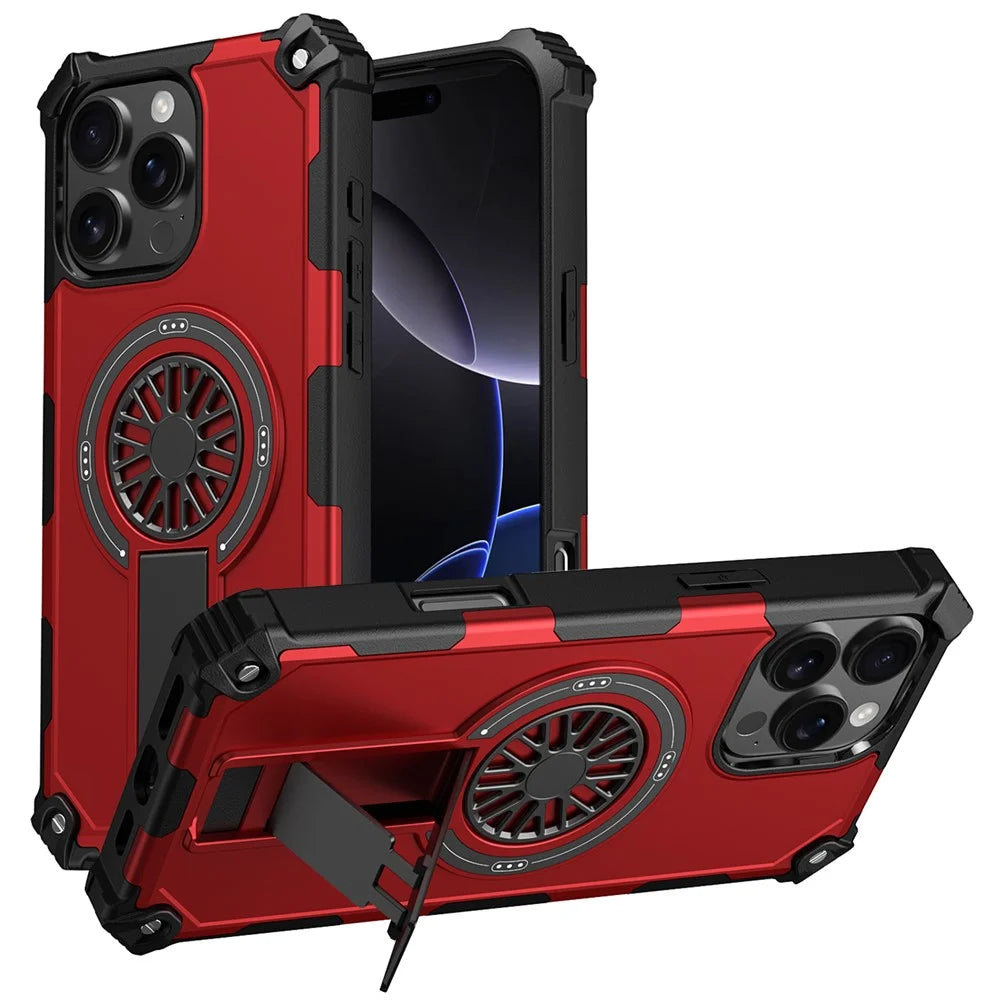 For iPhone 16 Pro Max Magnetic Case Kickstand TPU + PC Drop Defend Phone Cover - Red - 1