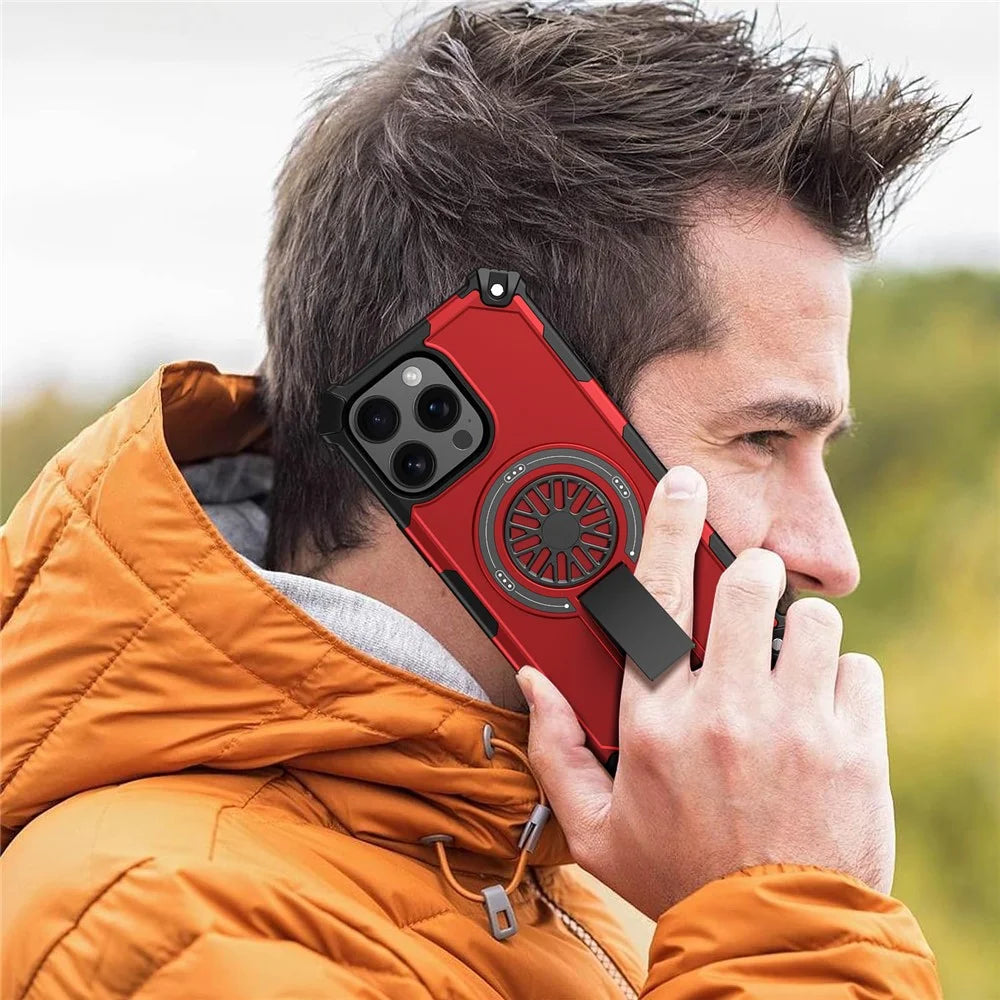 For iPhone 16 Pro Max Magnetic Case Kickstand TPU + PC Drop Defend Phone Cover - Red - 4