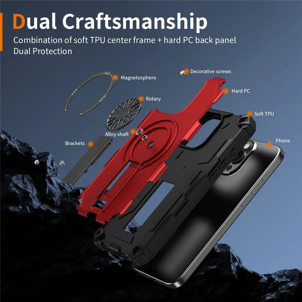 For iPhone 16 Pro Max Magnetic Case Kickstand TPU + PC Drop Defend Phone Cover - Red - 7