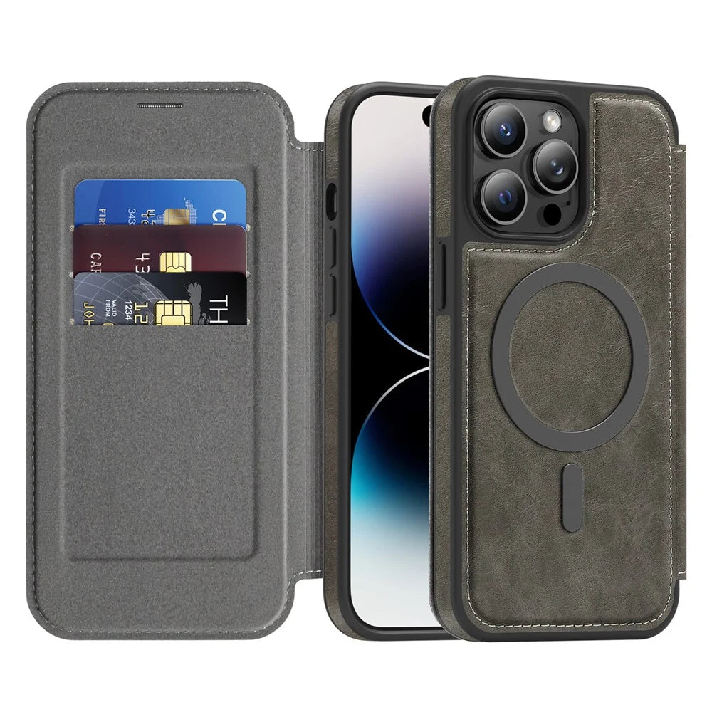 For iPhone 14 Pro Max Case Compatible with MagSafe RFID Blocking Card Holder Leather Phone Cover - Titanium Grey - 2
