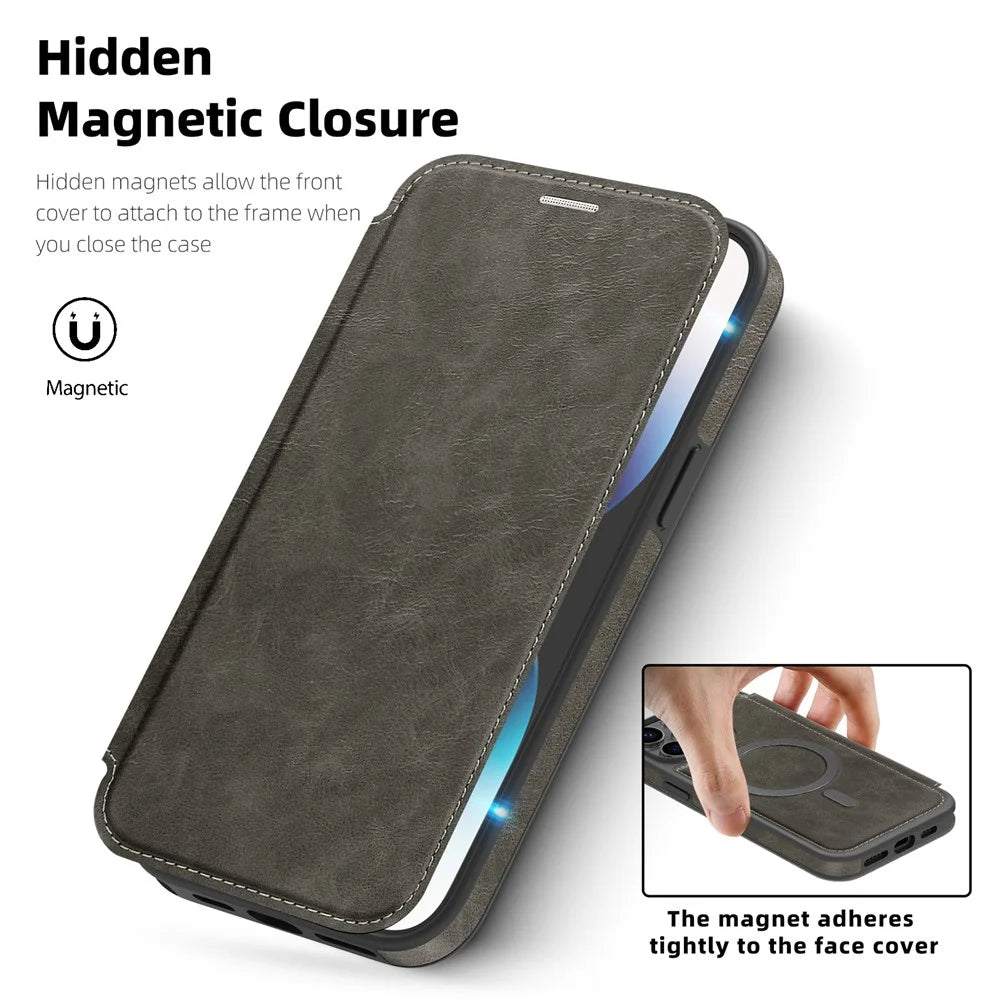 For iPhone 14 Pro Max Case Compatible with MagSafe RFID Blocking Card Holder Leather Phone Cover - Titanium Grey - 3
