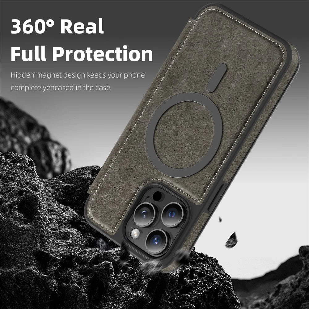 For iPhone 14 Pro Max Case Compatible with MagSafe RFID Blocking Card Holder Leather Phone Cover - Titanium Grey - 5