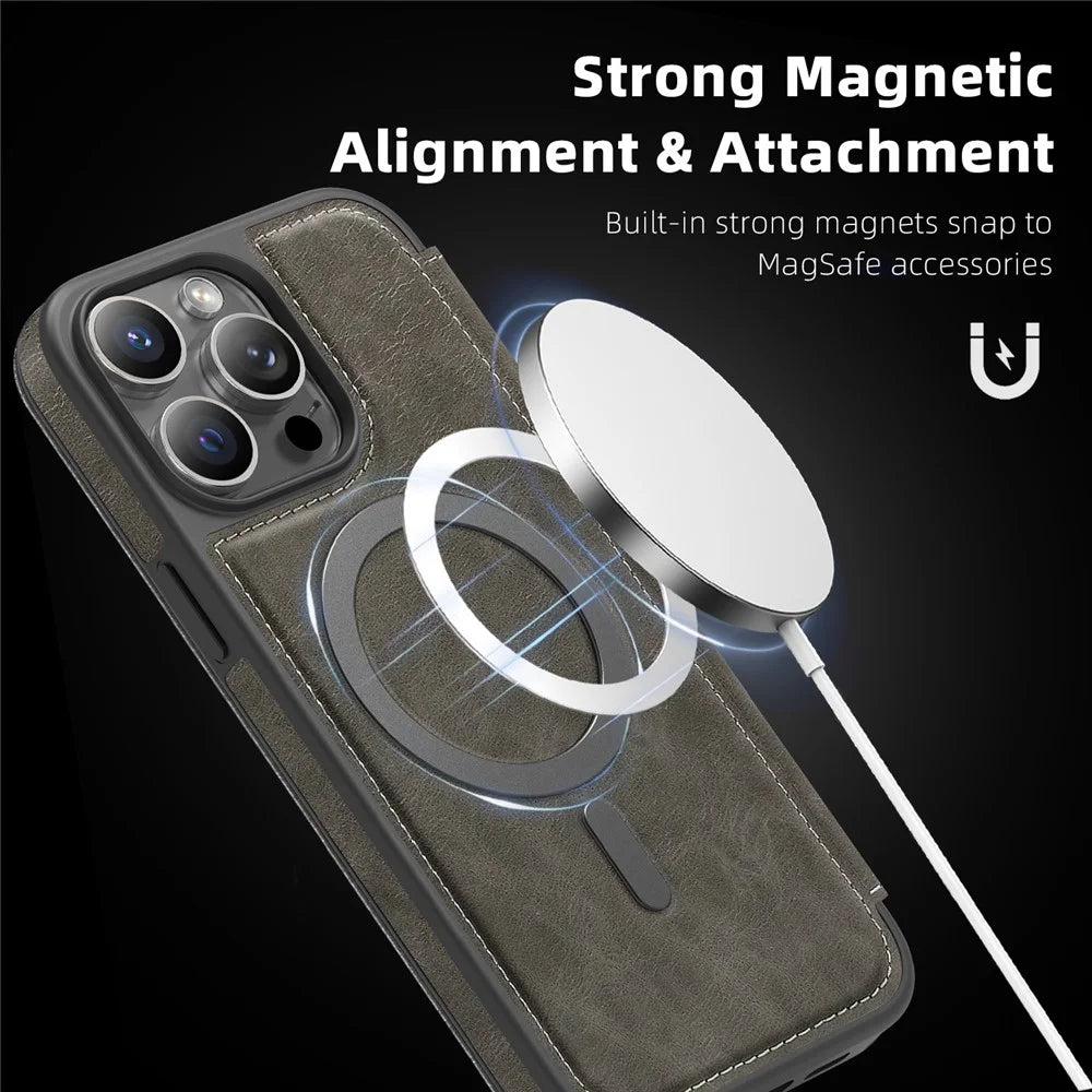 For iPhone 14 Pro Max Case Compatible with MagSafe RFID Blocking Card Holder Leather Phone Cover - Titanium Grey - 7