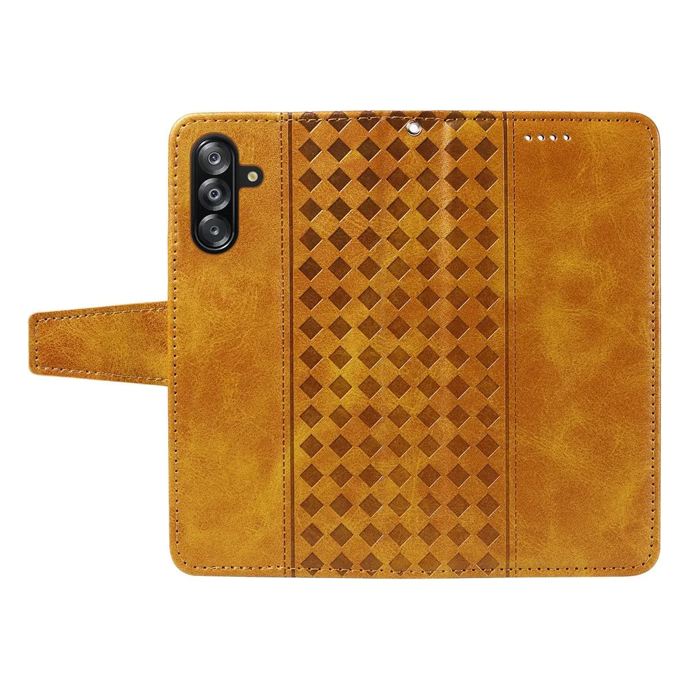 For Samsung Galaxy A18 5G / A17 5G / A17 4G / A26 5G / A16 5G / A16 4G Leather Case Wallet Stand Grids Imprinted Phone Cover with Strap - Yellow - 3