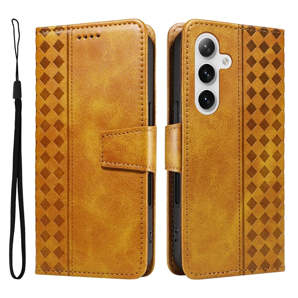 For Samsung Galaxy S24 FE Leather Case Wallet Stand Grids Imprinted Phone Cover with Strap - Yellow - 1