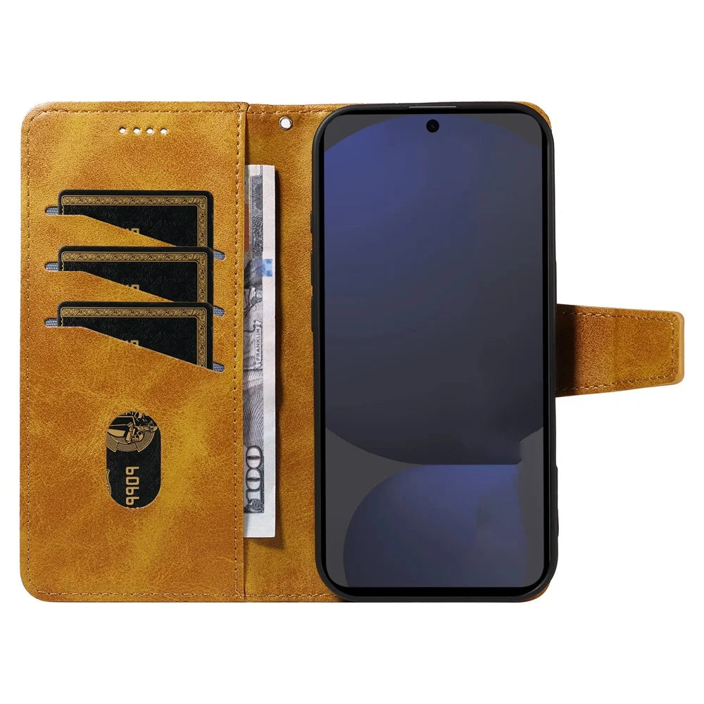 For Samsung Galaxy S24 FE Leather Case Wallet Stand Grids Imprinted Phone Cover with Strap - Yellow - 2