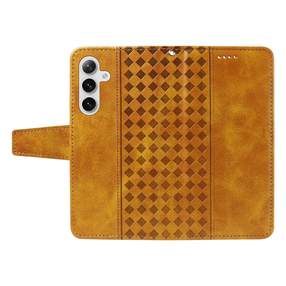 For Samsung Galaxy S24 FE Leather Case Wallet Stand Grids Imprinted Phone Cover with Strap - Yellow - 3