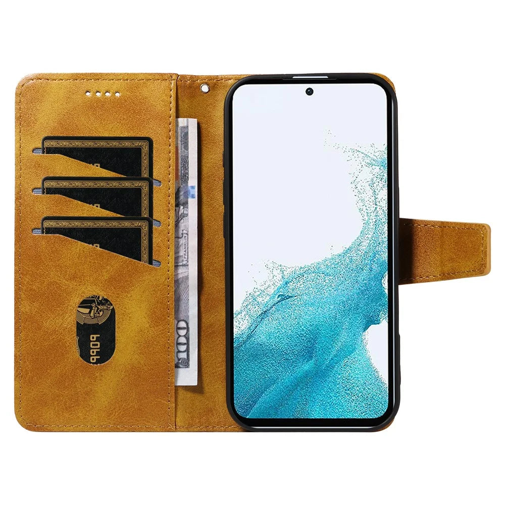 For Samsung Galaxy A54 5G Leather Case Wallet Stand Grids Imprinted Phone Cover with Strap - Yellow - 2