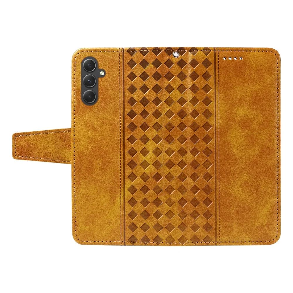 For Samsung Galaxy A54 5G Leather Case Wallet Stand Grids Imprinted Phone Cover with Strap - Yellow - 3