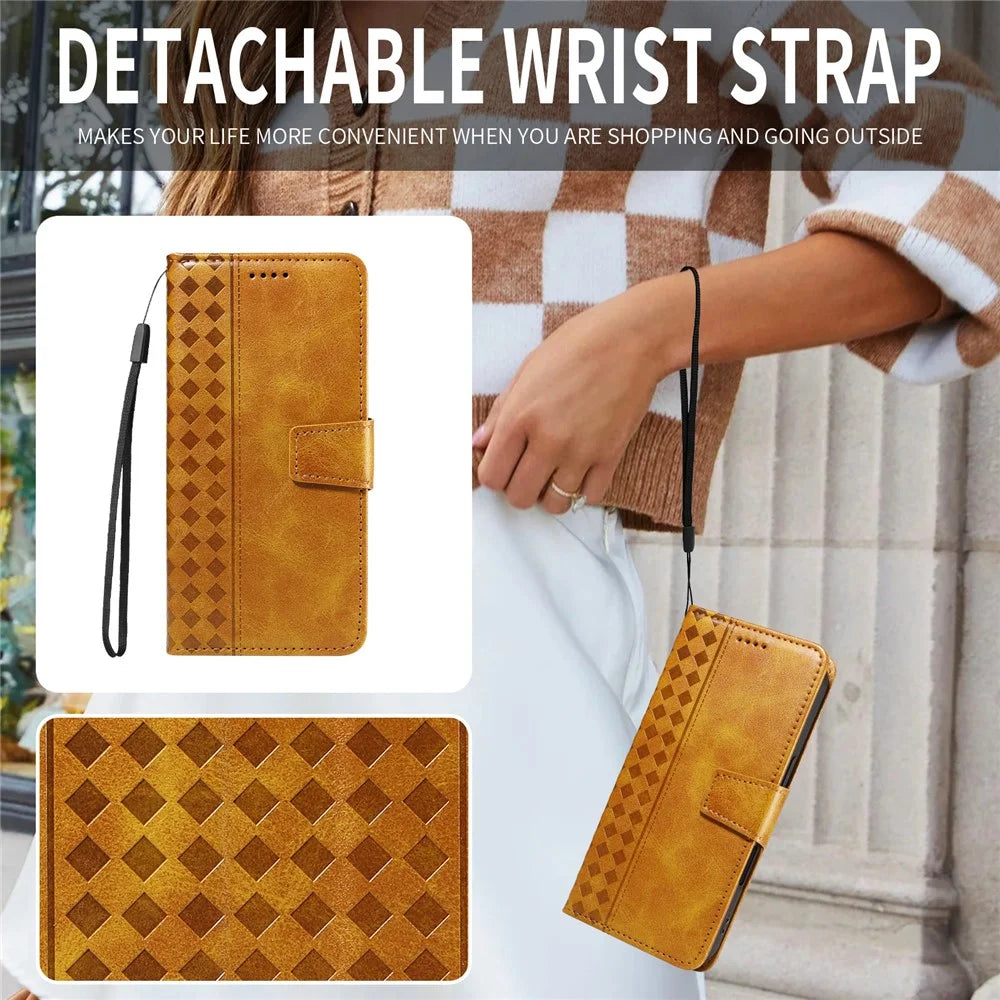 For Samsung Galaxy A54 5G Leather Case Wallet Stand Grids Imprinted Phone Cover with Strap - Yellow - 4