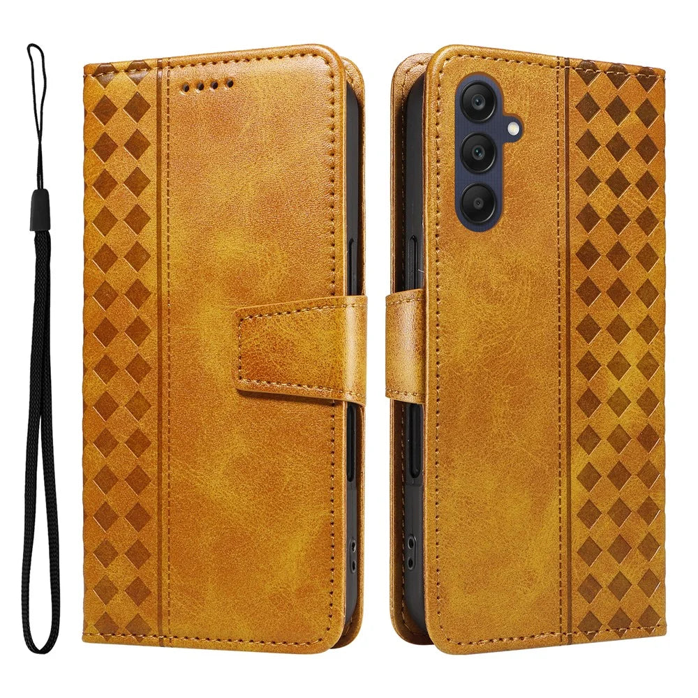 For Samsung Galaxy A25 5G (Global) (161.0 x 76.5 x 8.3mm) Leather Case Wallet Stand Grids Imprinted Phone Cover with Strap - Yellow - 1