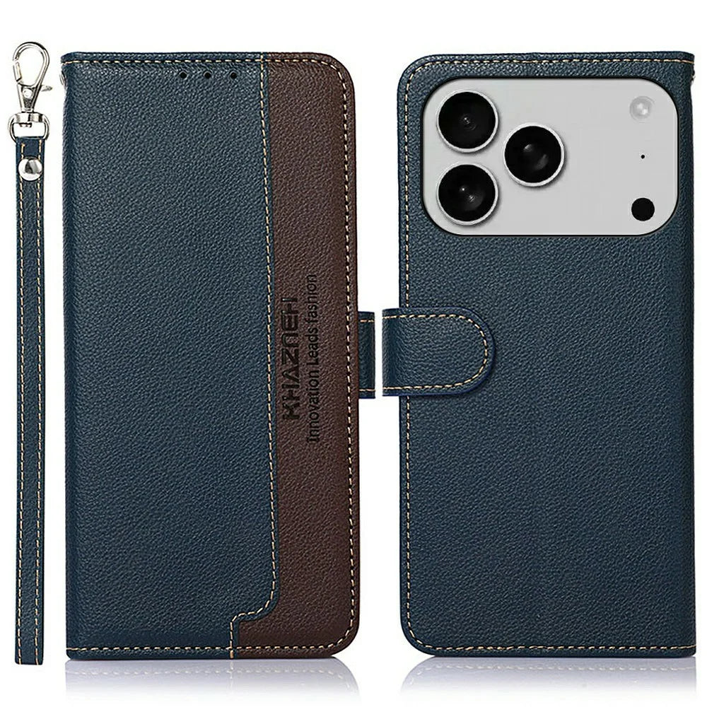 KHAZNEH For iPhone 18 Pro / 17 Pro Case RFID Blocking Wallet Litchi Texture PU Leather Phone Cover - Blue - 1