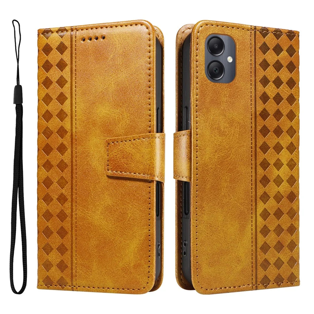 For Samsung Galaxy A08 5G / A08 4G / A07 4G / A06 4G / A06 5G Leather Case Wallet Stand Grids Imprinted Phone Cover with Strap - Yellow - 1